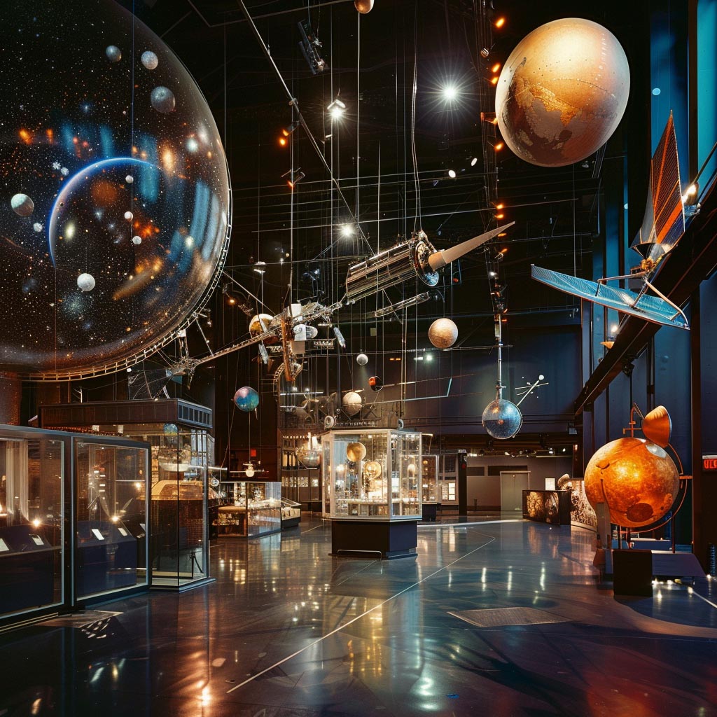 Exhibit showcasing diverse objects including a satellite, amidst a galaxy-themed backdrop, representing space exploration.