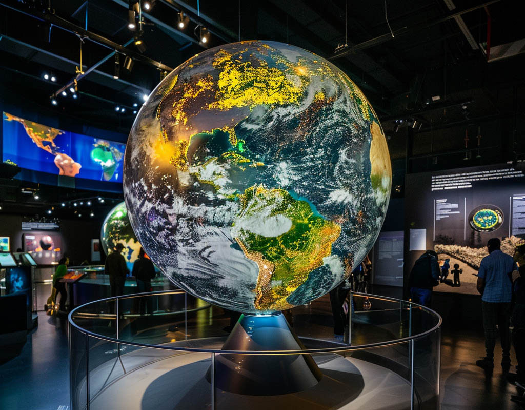 Earth globe displayed in a museum, showcasing ecology and our planet's beauty and significance.