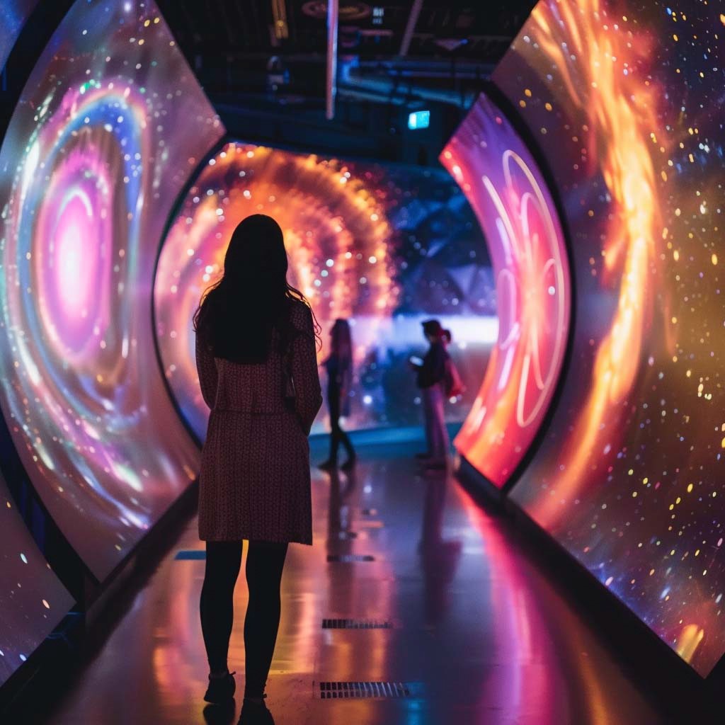 People stands before a vast space display exploring the galaxy exhibit together.