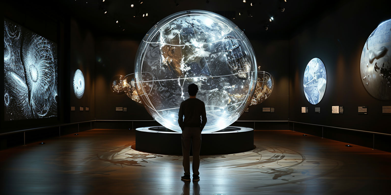 A museum-goer observing a massive globe display