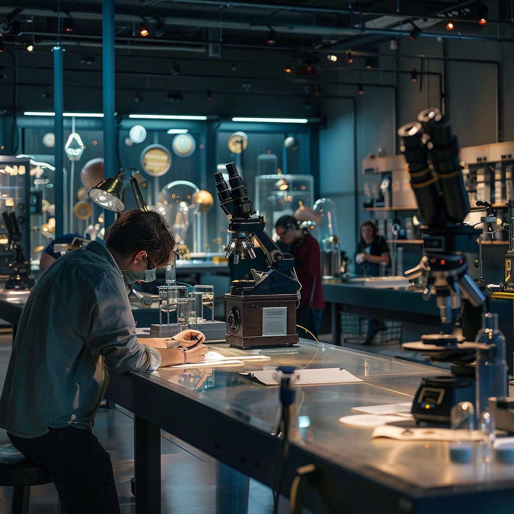 A person enjoying an internship at the museum, learning about science.