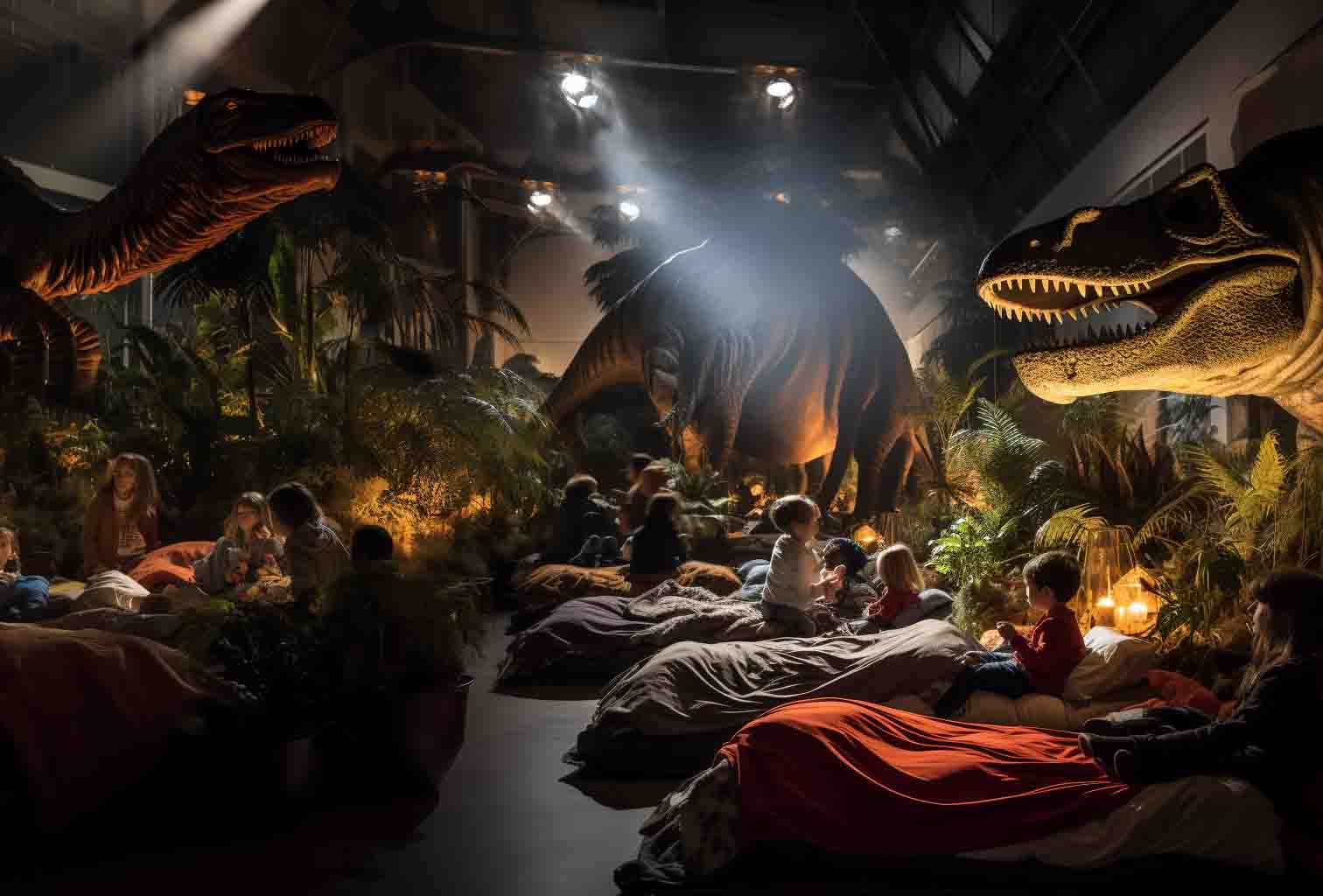 Families getting together for an exciting night in the museum as they sleep over beside dinosaurs