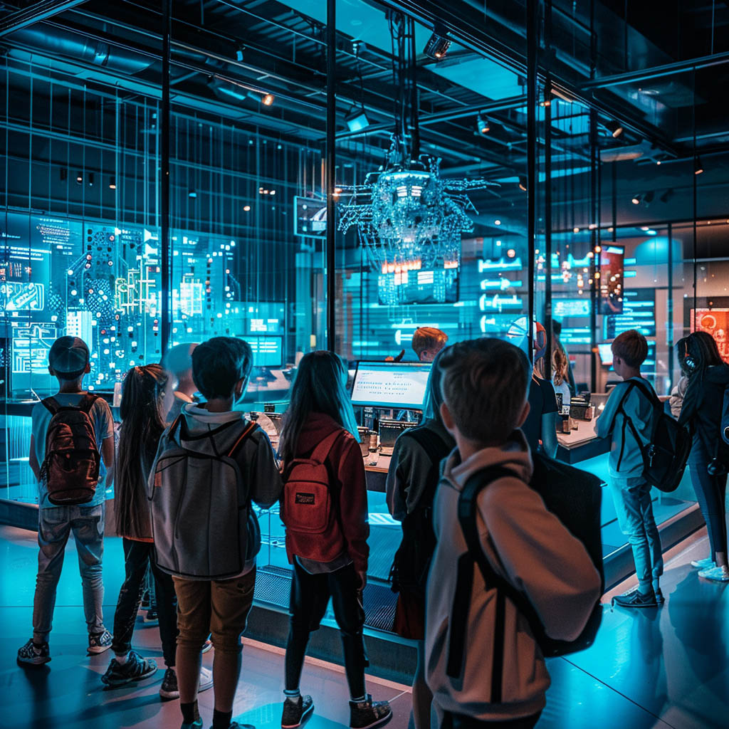Kids from a school standing in front of an exhibit in the museum.
