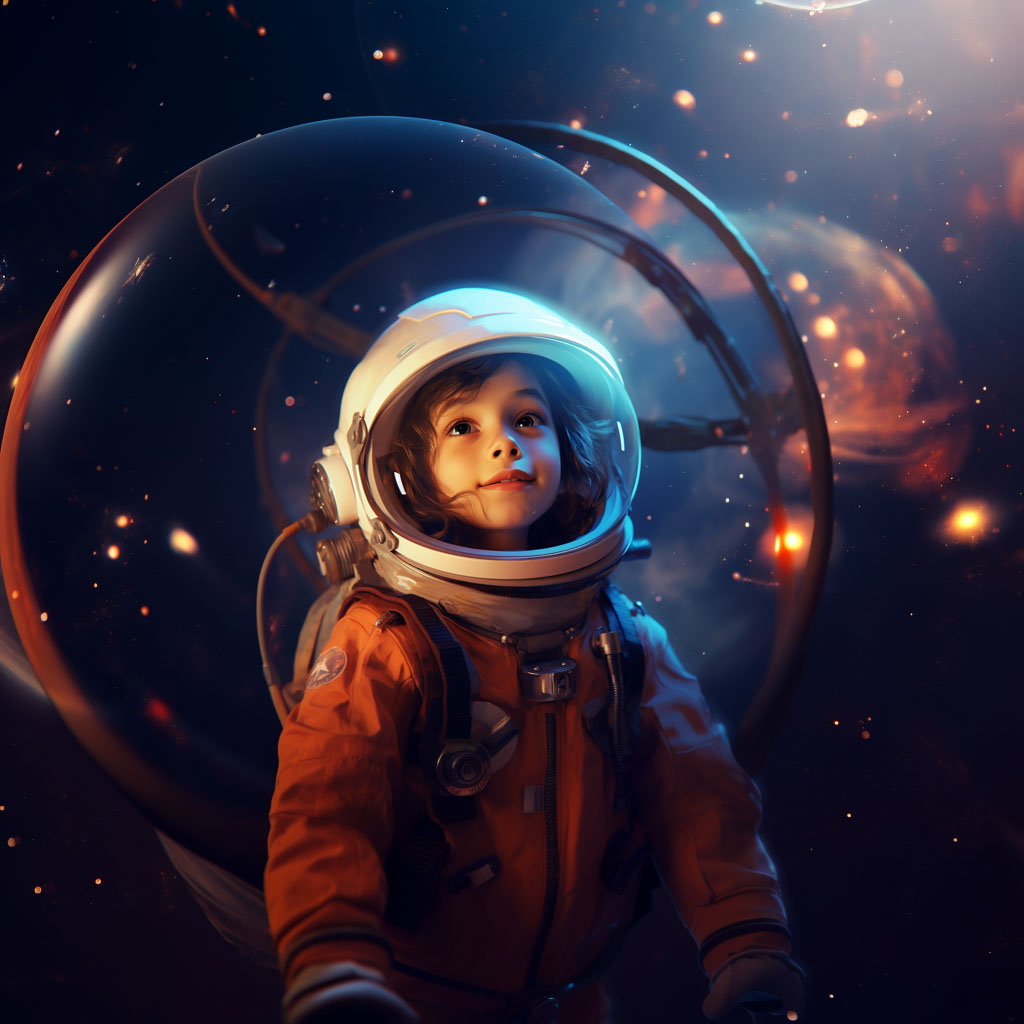 A young child in an orange space suit, prepared for adventure, at the museum's stars club.